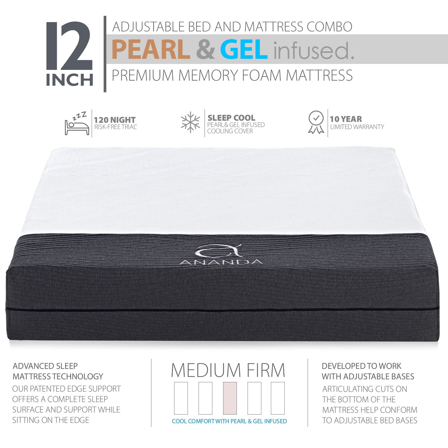 Ananda Sleep Medium Firm 12” Pearl & Cool Gel Infused Memory Foam